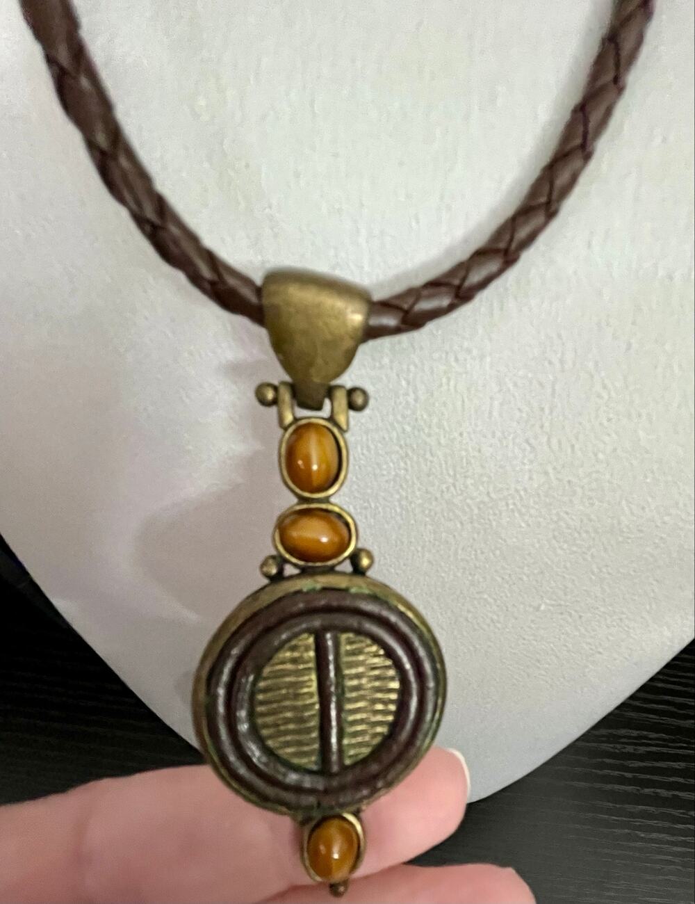 Chico's Bronze Geometric Medallion Pendant Brown Cord Boho Necklace
